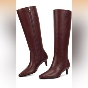 Teaieui Women's Knee-High Leather Boots in Burgundy
